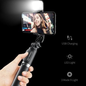 Bluetooth Remote Control Selfie Stick With Light Balck